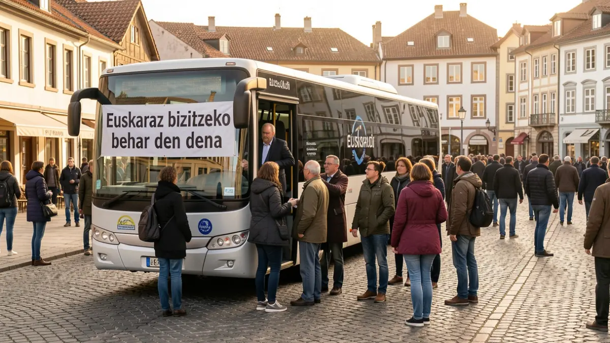 Autobus bat Debabarreneko herri batean, "Euskaraz bizitzeko behar den dena" lelodun pankarta bat ikusgai.