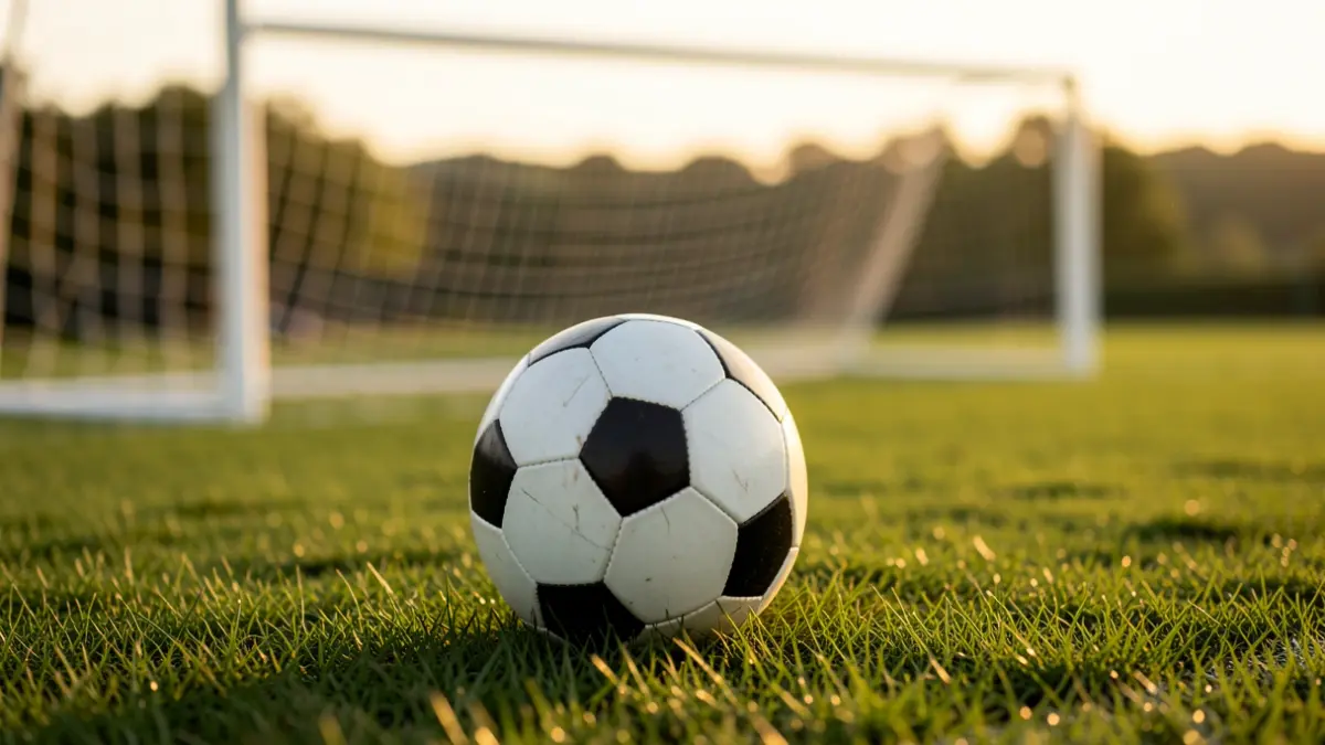 Imagen genérica de un balón de fútbol sobre césped verde, red de portería blanca desenfocada al fondo, luz de hora dorada, paisaje de Euskadi.