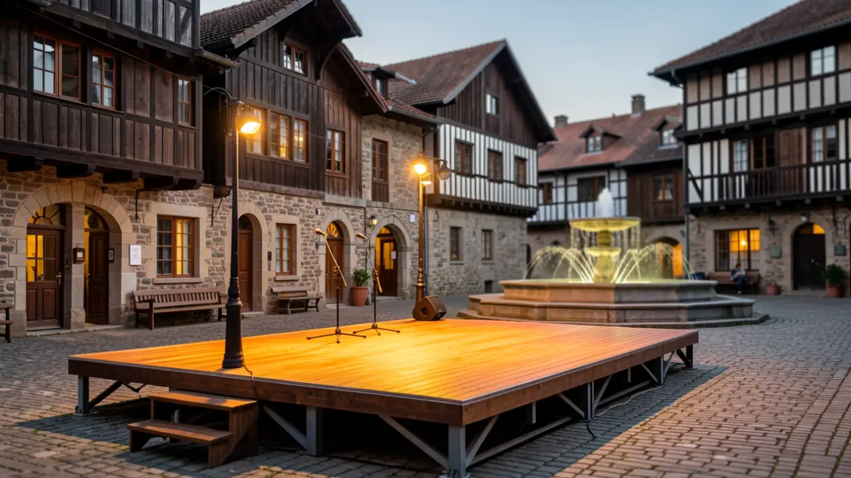 Generic image: An outdoor stage set in an old town square in Euskadi, with a fountain in the background. Warm evening light illuminates the empty stage, suggesting anticipation for a cultural performance.