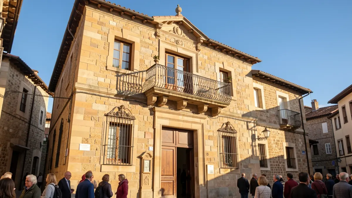 Generic image of the traditional stone town hall facade in Deba, Basque Country, with an ornate balcony and iron railings. Warm afternoon sunlight casting shadows on the sandstone walls. Blue sky. Documentary photography style.