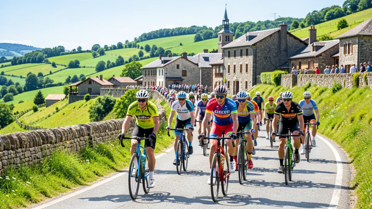 Image of a Basque Country cycling club, with green hills and traditional Basque architecture in the background.