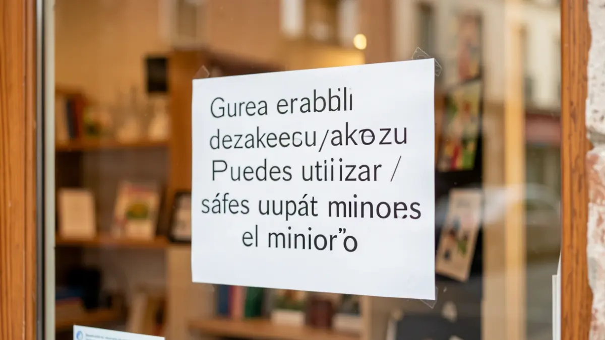 Irudia generikoa da, denda baten erakusleihoan itsatsita dagoen "Gurea erabil dezakezu / Puedes utilizar el nuestro" mezua duen eranskailu bat erakusten duena.