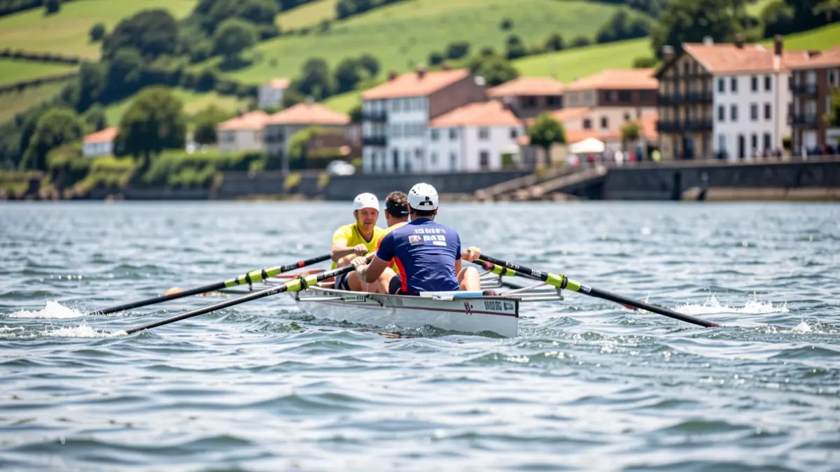 A rowing boat on the water during a race, with Basque architecture and green hills blurred in the background.