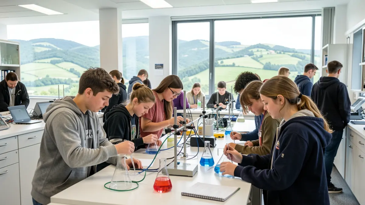 Grupo de jóvenes estudiantes realizando un experimento en un moderno laboratorio universitario, con las colinas verdes del País Vasco al fondo.