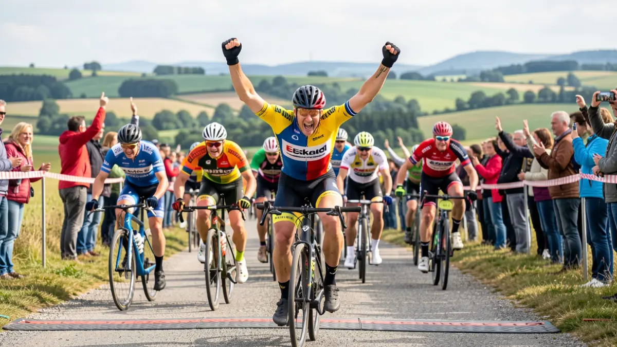 A group of amateur cyclists in a race, with one rider in the foreground celebrating victory crossing the finish line. Focus on the intensity of the race and the emotion of winning. Euskadi landscape in the background.