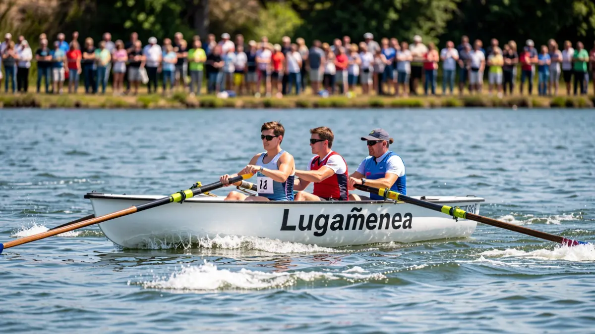 Fotografía de la embarcación 'Lugañenea' de Donostia Arraun Lagunak compitiendo en una regata.