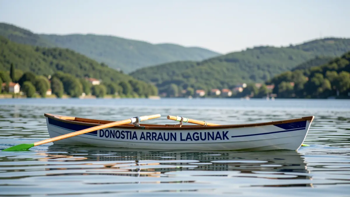 Donostia Arraun Lagunak taldeko arraun ontzi baten argazkia, aintzira lasai batean, atzean muino berdeak eta zeru urdina dituena.