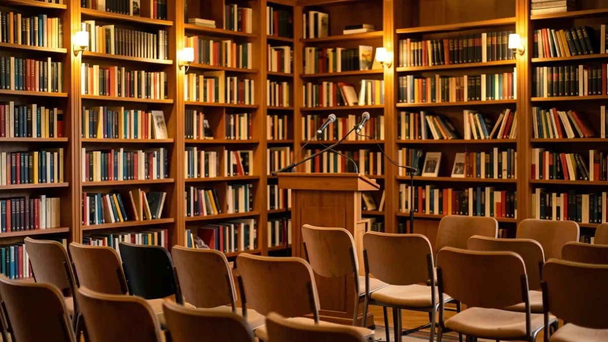 Generic image of a library showing books and a presentation space.