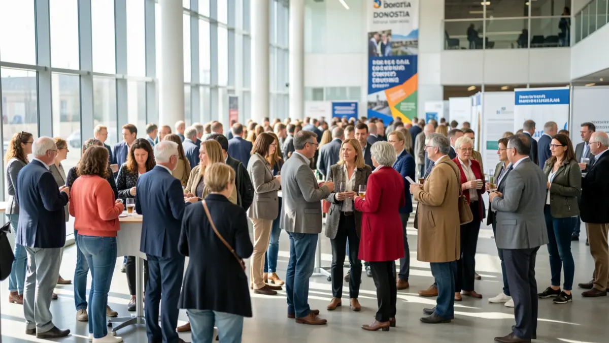 Generic image: Diverse group of people of various ages and backgrounds gathered in a modern convention center in Donostia, with blurred Basque and Spanish banners in the background.