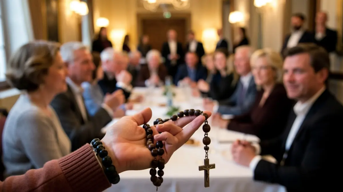 Generic image: Hand holding a religious object, close-up of people.