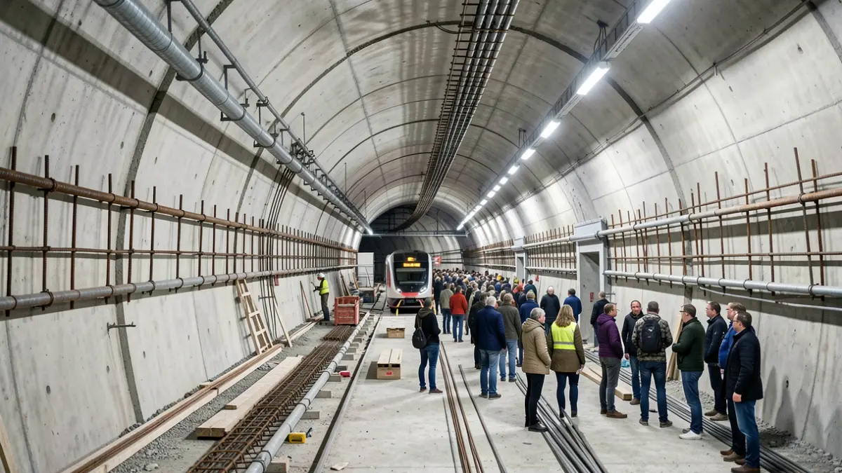 Construction site of an underground train tunnel, with exposed concrete walls and steel reinforcement bars.
