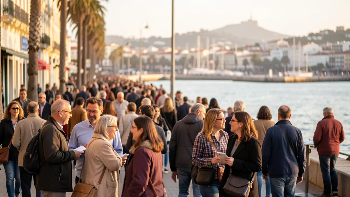 Imagen genérica de una calle concurrida en Donostia, mostrando turistas y locales interactuando, algunos hablando inglés, con el icónico paseo de La Concha y la bahía desenfocados al fondo.