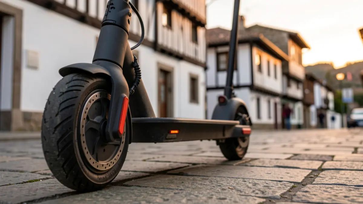 Close-up image of an electric scooter wheel parked on a street in Donostialdea, with warm afternoon light and a blurred background of traditional Basque architecture.