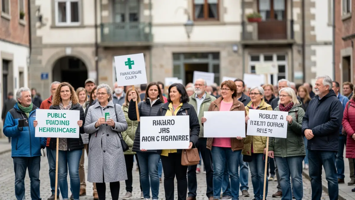 Generic image: group of people holding signs for public healthcare in front of a building facade in a Basque Country town.