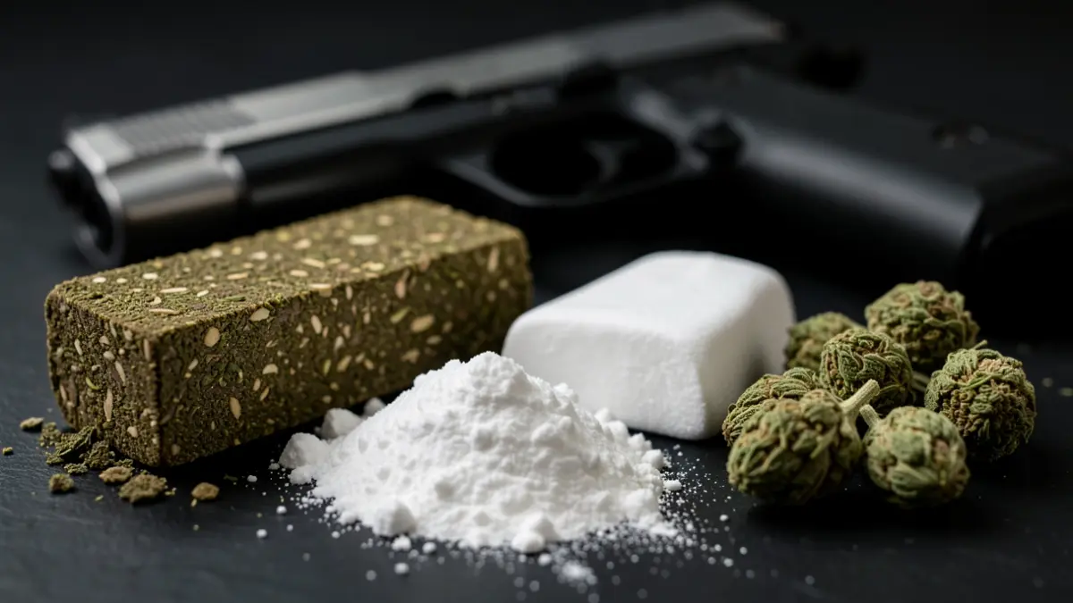 Droga eta arma batzuk erakusten dituen irudia.