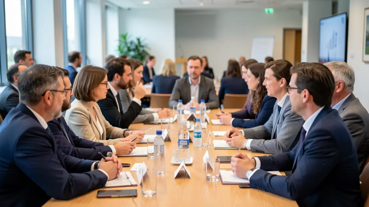 Meeting atmosphere with a group of people discussing security issues.