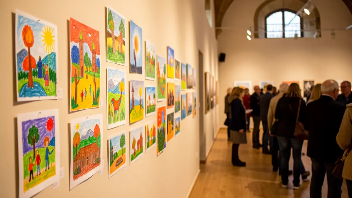 Children's drawings and paintings displayed in a gallery, vibrant colors, artistic atmosphere.