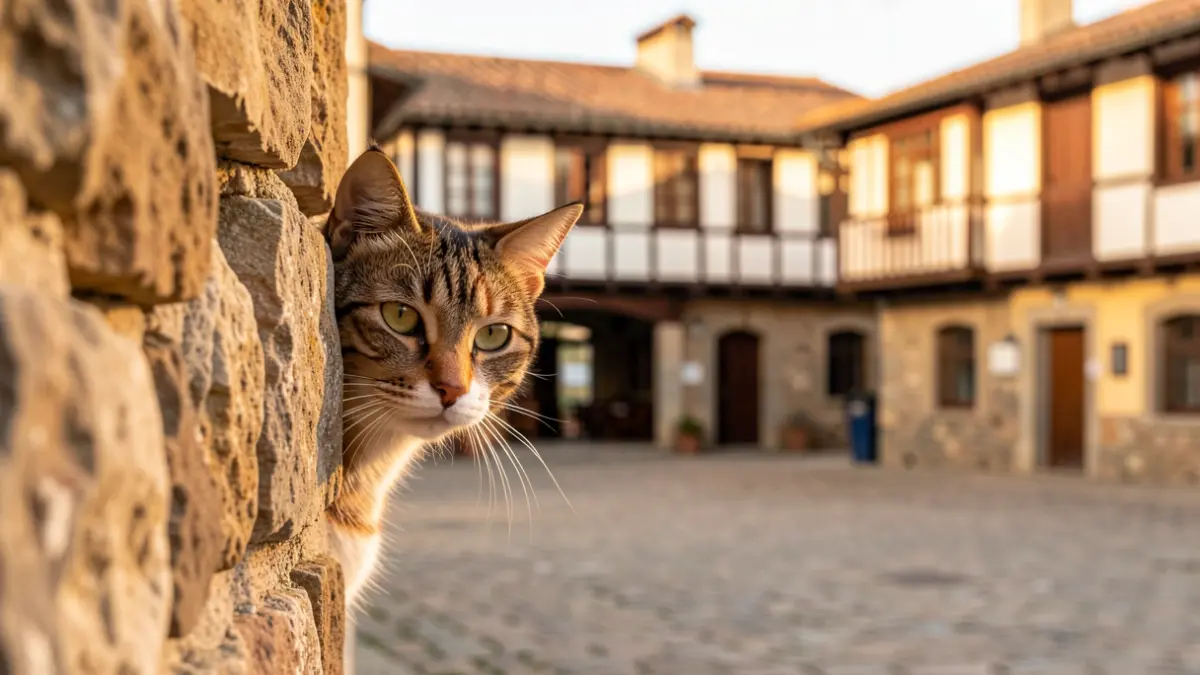Imagen genérica: Un gato callejero mirando desde detrás de un muro de piedra en una plaza de Durango.