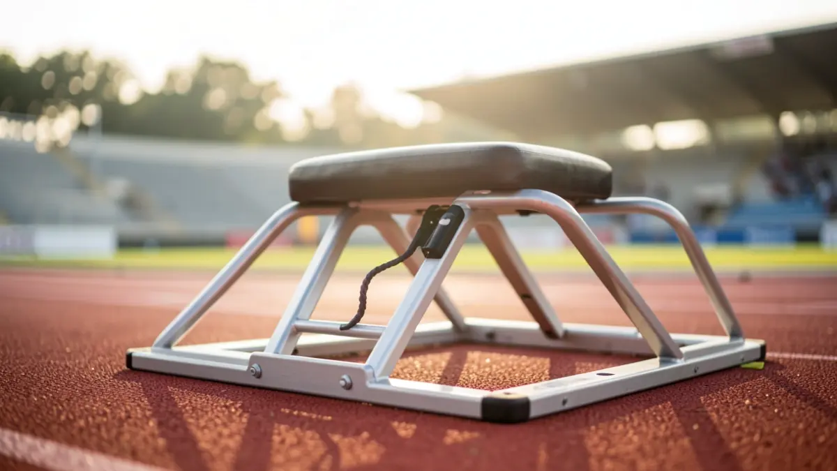 Atletismo pistako irteera-blokeak, lehiaketarako prest.