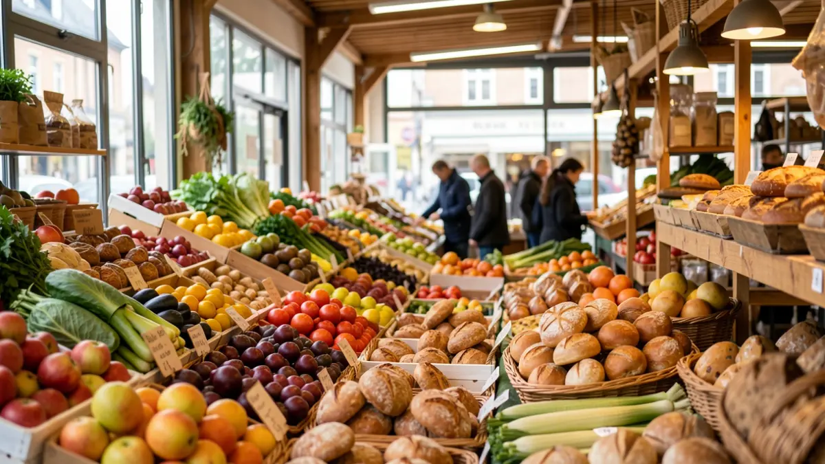 Imagen genérica de un mercado interior vibrante en Euskadi, con productos frescos.