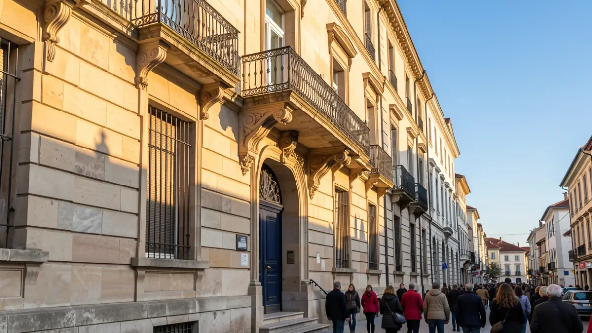 Generic image of a stone town hall facade in Euskadi with a balcony and iron railings, in the afternoon sunlight.