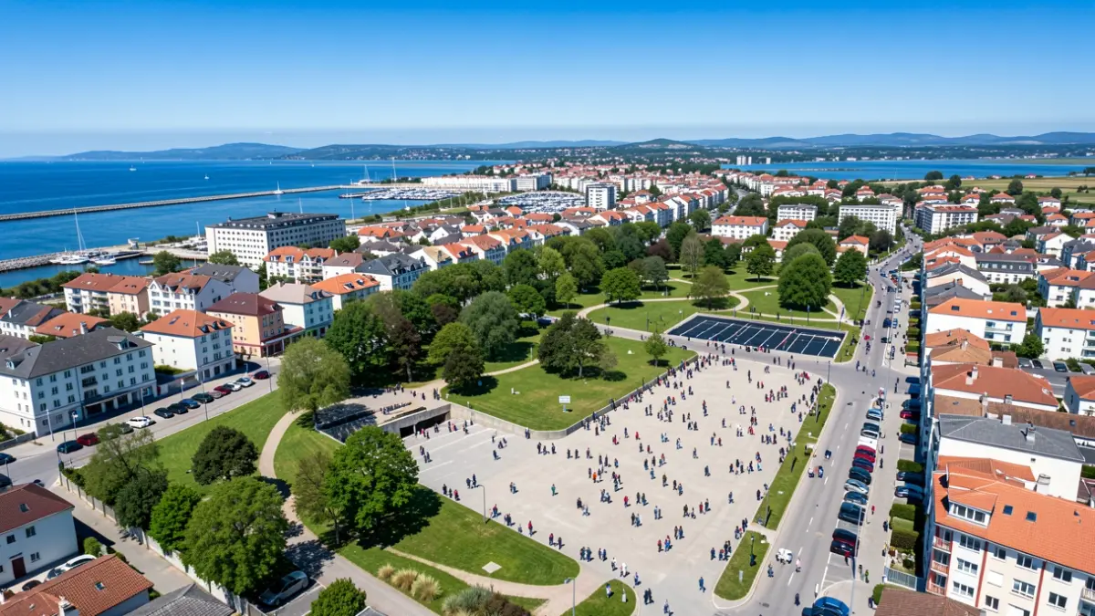 Irudi generikoa Hondarribiko kostaldeko herriari buruzkoa, parke bat eta inguruko bizitegi-eraikinak erakusten dituena.