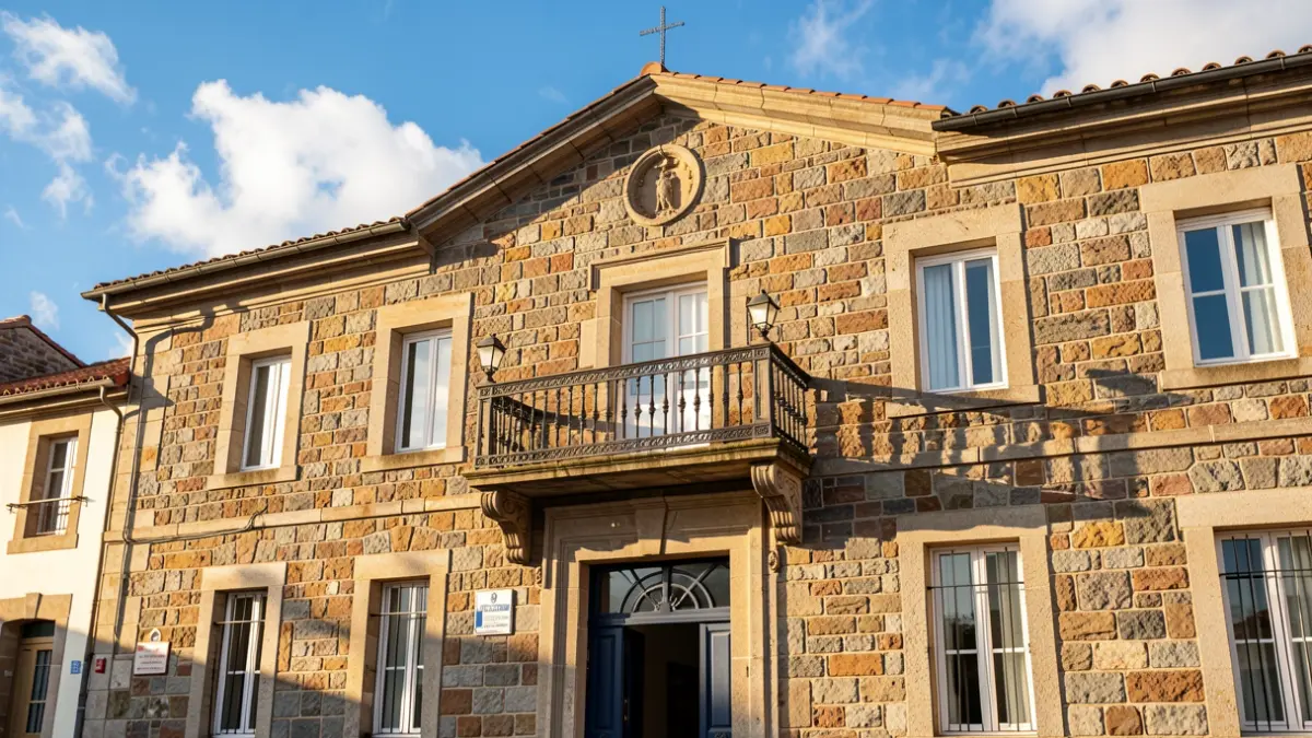 Generic image: Stone facade of the Lekeitio town hall with an ornate balcony, in the afternoon sun.