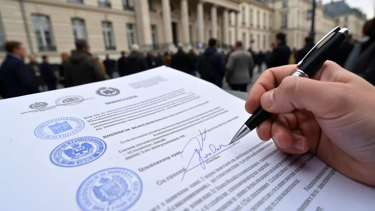 Dokumentu ofizial baten hurbileko irudia, zigilu eta zigiluekin, esku batek boligrafoa duela erdi estalita, gobernu eraikinaren fatxada lausoa atzealdean.