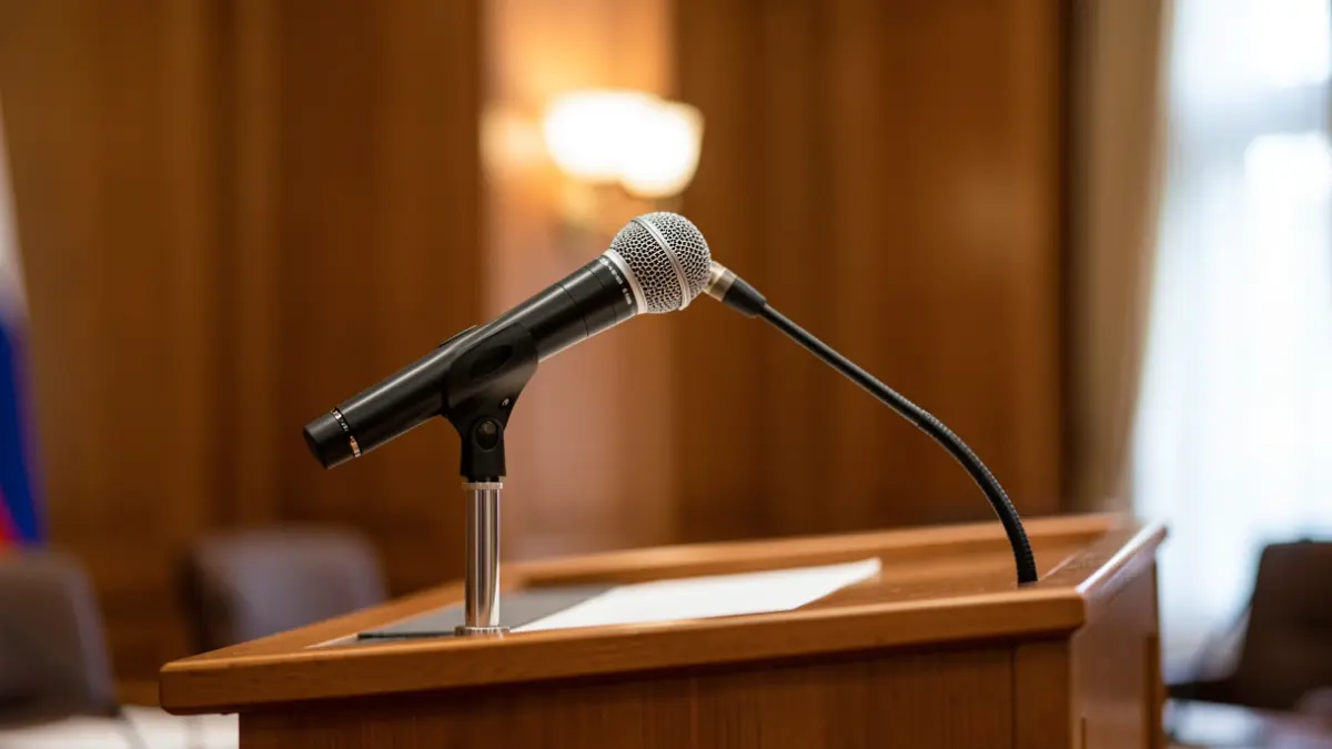 Mikrofonoa podium batean, politika-ekitaldi batean.