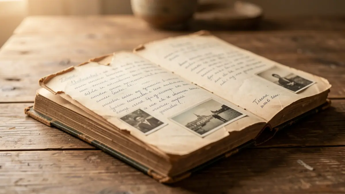 Imagen de cerca de un libro antiguo, con texto manuscrito y fotografías descoloridas en sus páginas.