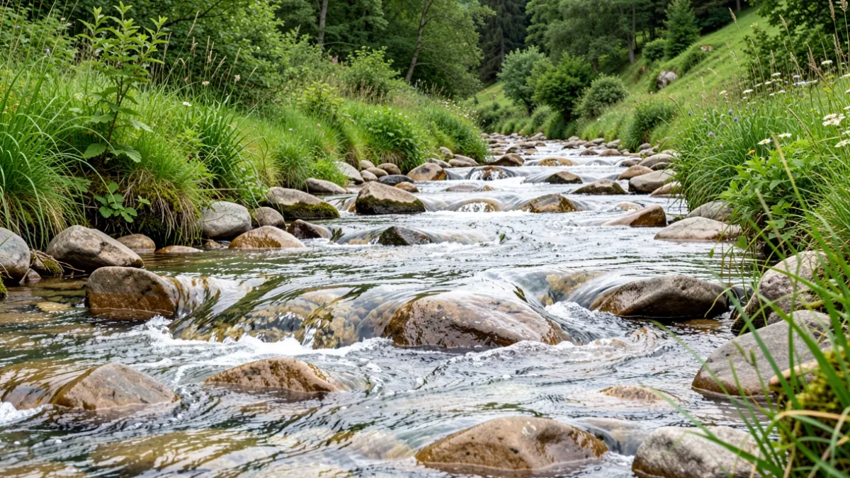Ego ibaiaren ur garbiak harri artean igarotzen, ingurune naturala berreskuratuta.