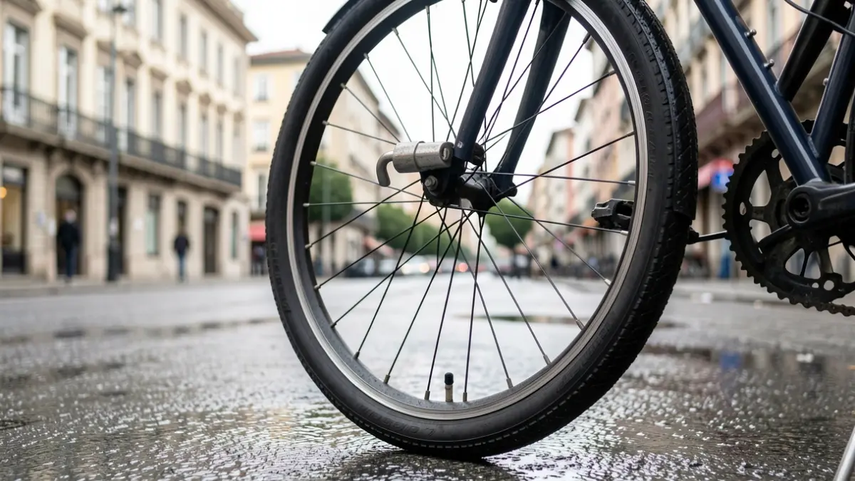 Bizikleta baten gurpilaren hurbileko irudia, sarraila batekin, Vitoria-Gasteizko asfalto busti batean aparkatuta.