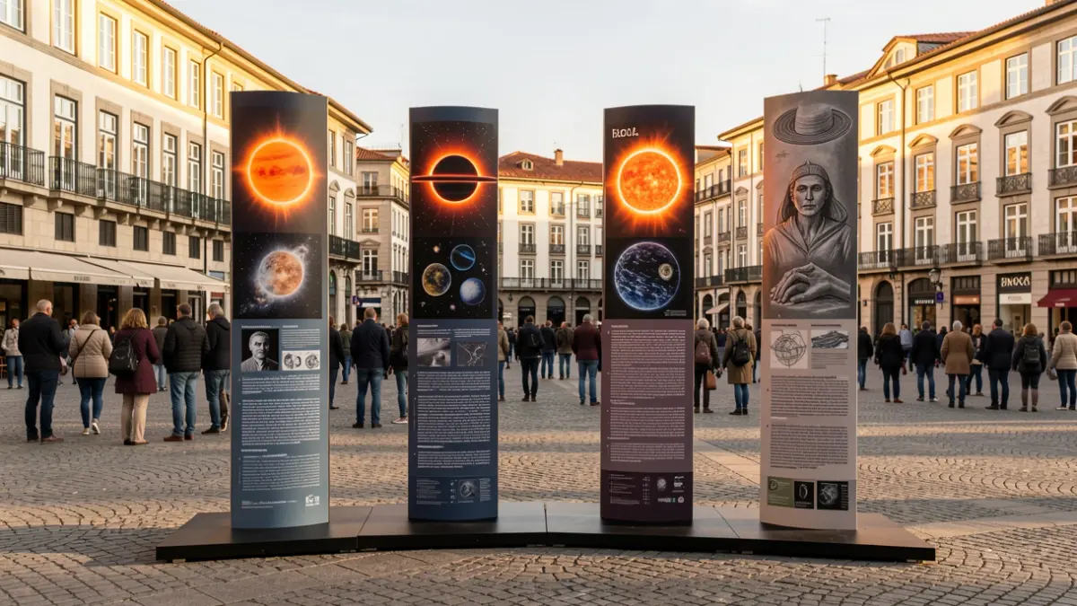 Eklipse solar bati buruzko erakusketa zientifiko baten erakusleihoa, lau totem handi ilustrazioekin eta testuarekin, Bilboko plaza publiko batean.
