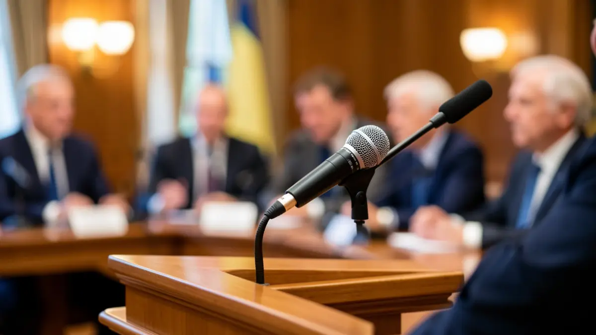 Prentsaurreko aretoko podium batean dagoen mikrofono baten hurbileko irudia, politikarien irudi lausoak atzealdean.