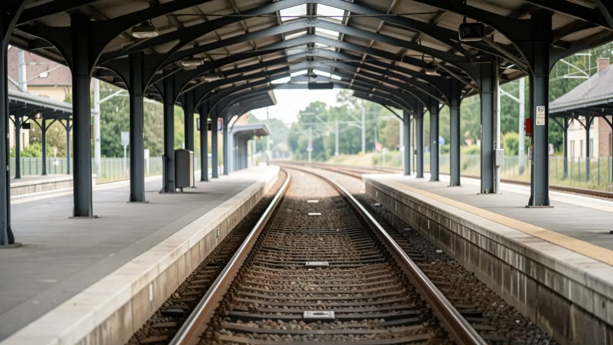 Empty train platform with tracks disappearing into the distance under a canopy, daylight.