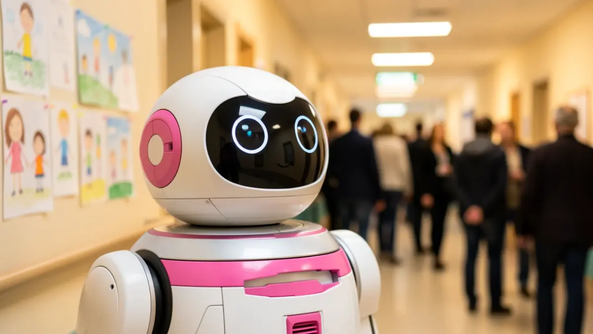 Irudi generiko bat: robot bat, R2-KTren antzekoa, ospitaleko korridore lauso batean.