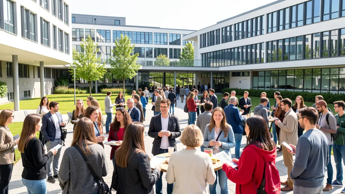 Unibertsitate campusean elkartutako ikasle eta irakasle talde anitza.