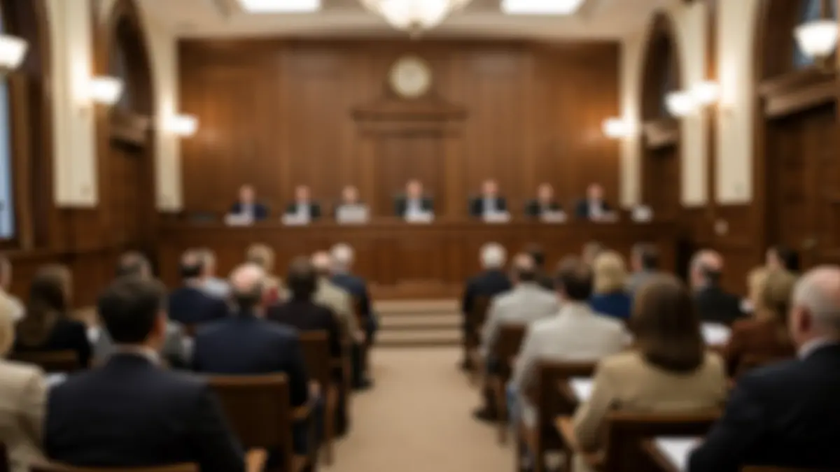 Generic image of a courtroom atmosphere with soft lighting.