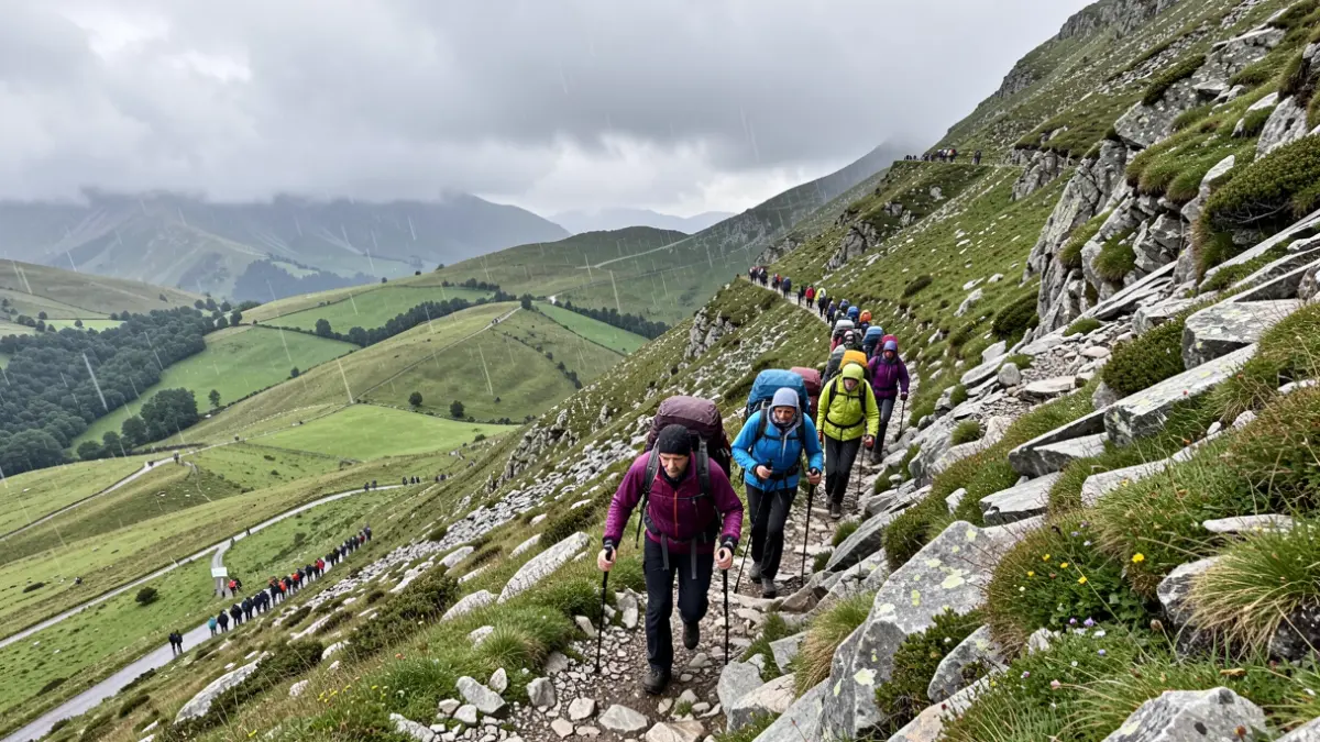 Generic image of a mountain trail with hikers and variable weather.