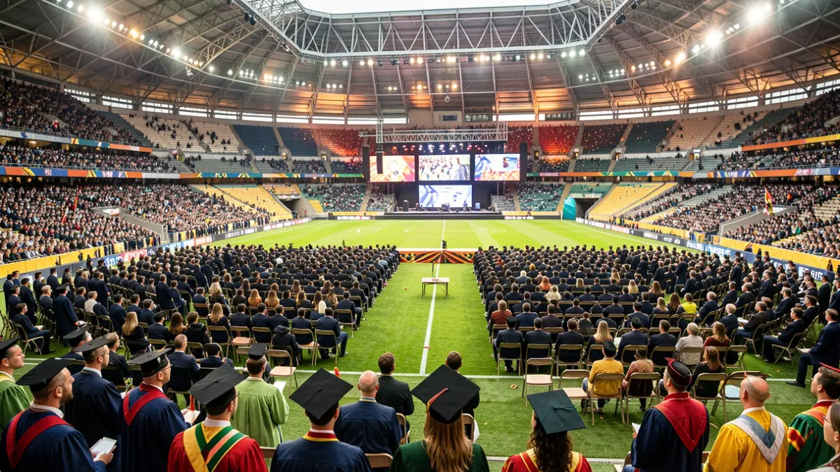 Irudi generikoa San Mamesen egindako graduazio ekitaldi batena, txapelak eta musika.