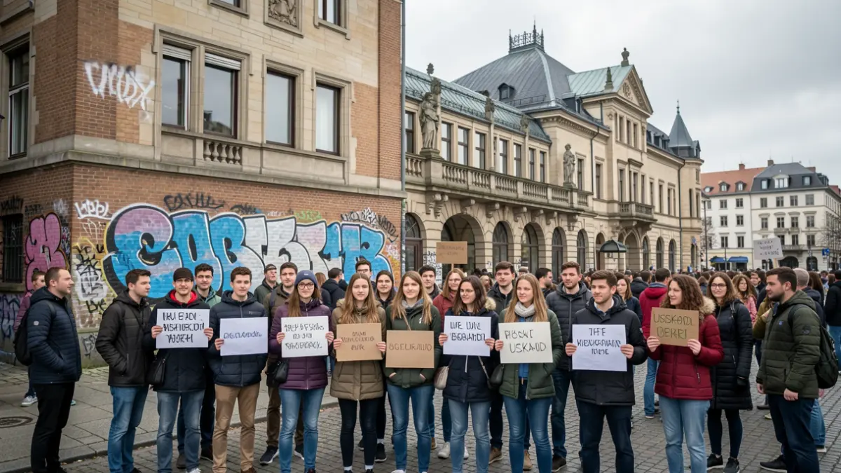 Gaztetxe baten aurrean dauden gazte talde baten argazkia, pankartak eskuetan.