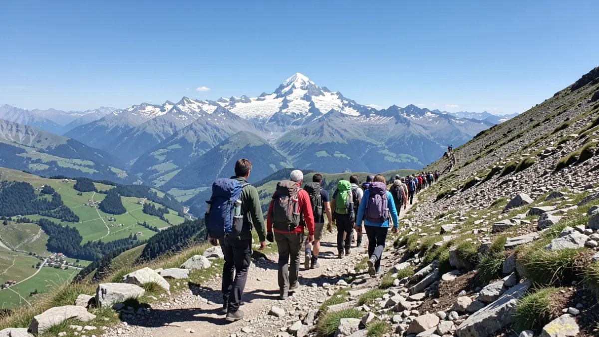 A group of hikers ascending a mountain trail in the Pyrenees, with a distant snow-capped peak and green valleys.