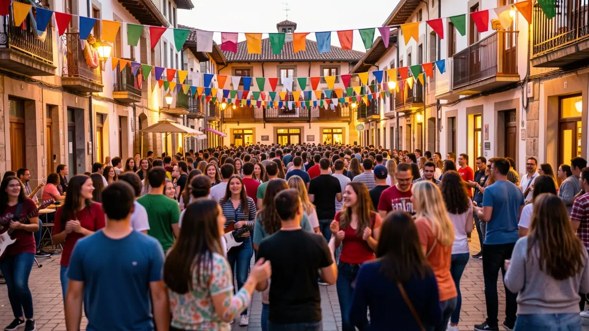 Imagen genérica de una escena callejera festiva en Eibar, con gente joven disfrutando de música y danza.