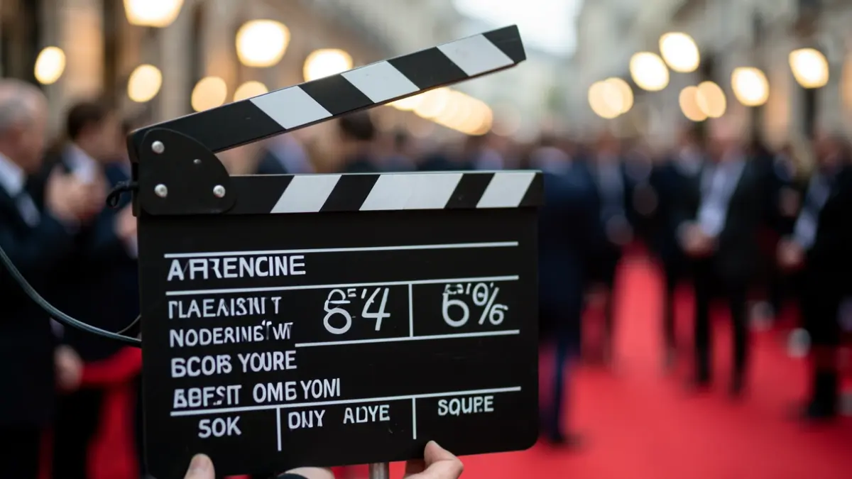 Close-up of a film clapperboard with blurred lights and a hint of a red carpet in the background.