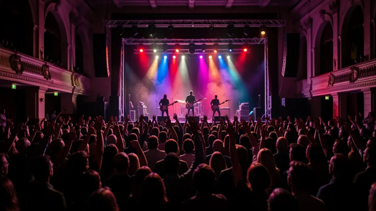 Generic image of a concert, with bright lights and a crowd.