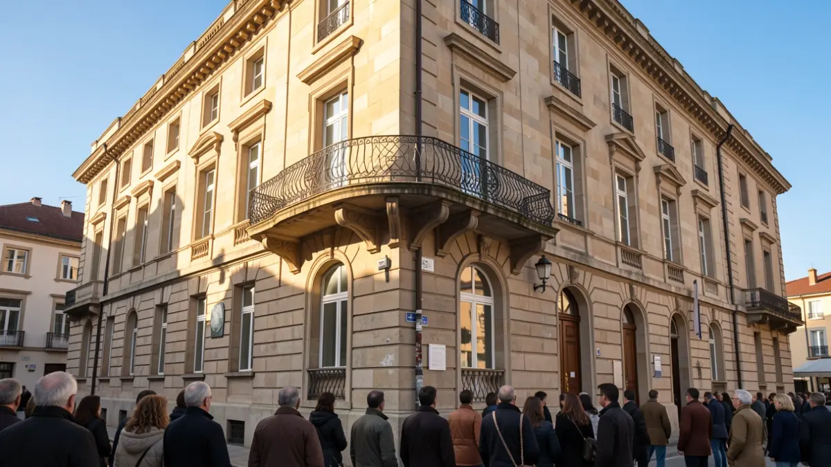 Generic image of a Basque town hall's stone facade with a balcony and iron railings, warm afternoon sunlight casting shadows.