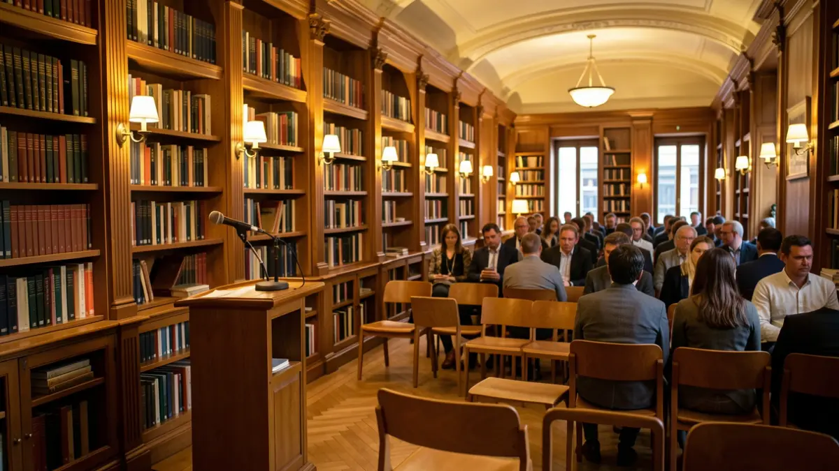Interior de una biblioteca con estanterías de madera y ambiente acogedor.
