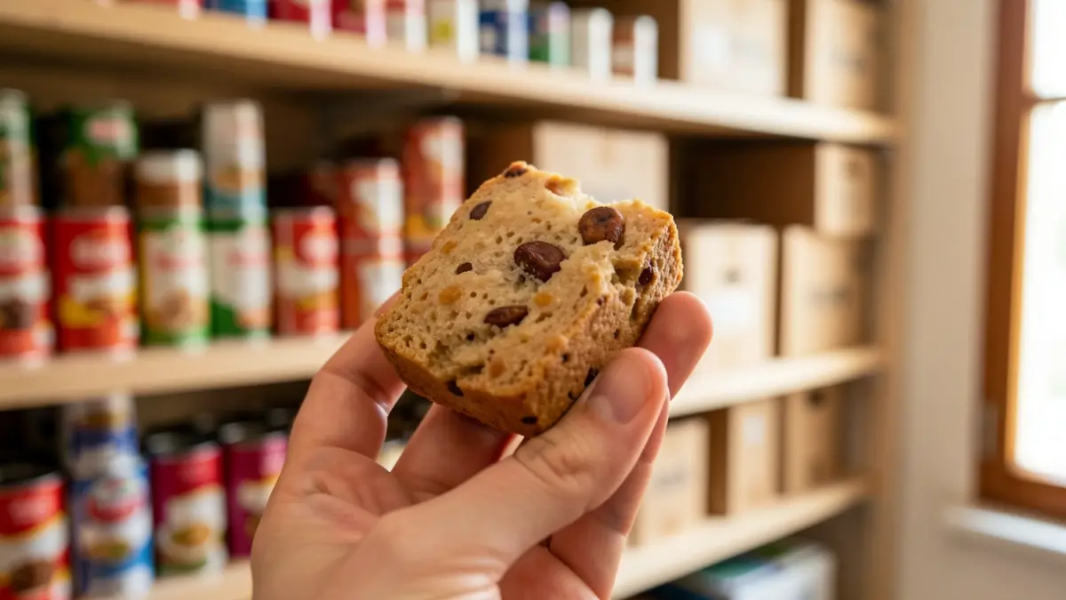 Generic image of a food item in hand, with blurred shelves of canned goods and boxes in the background.