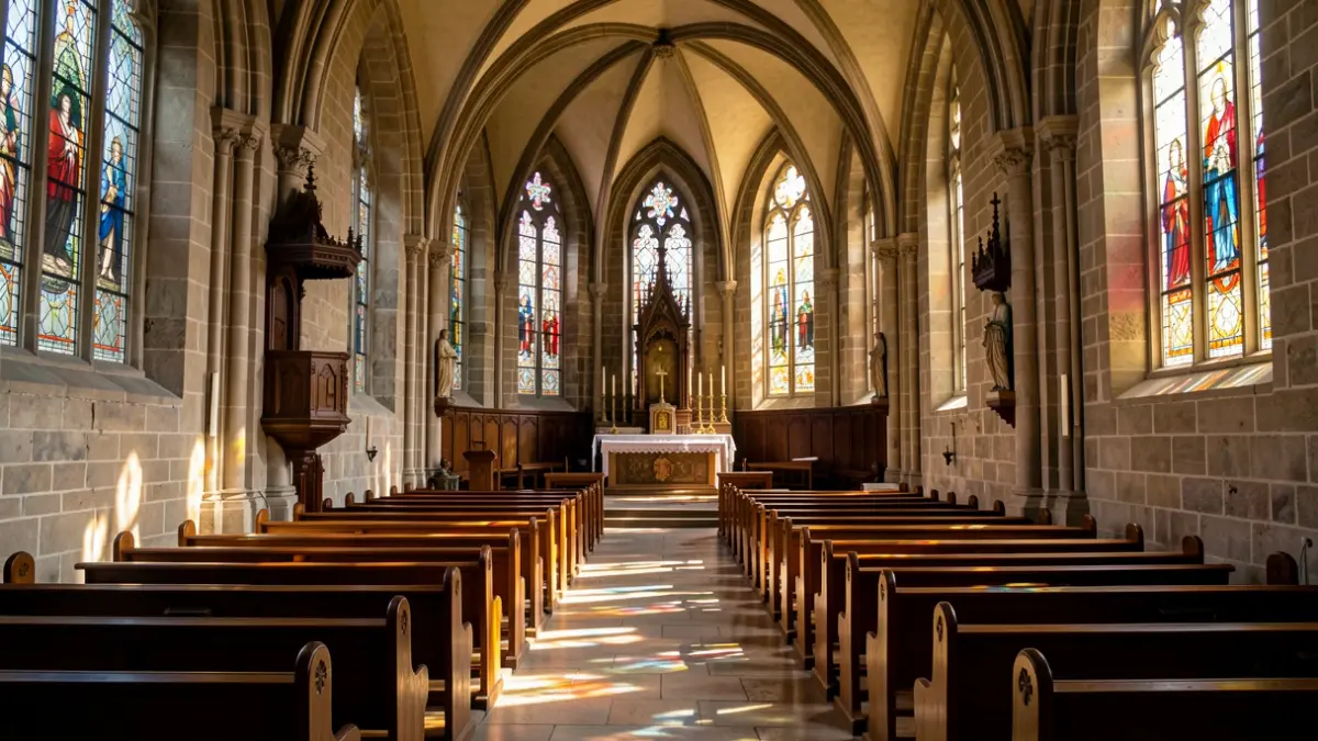 Imagen genérica: Interior sereno de una iglesia del País Vasco, con luz solar atravesando vidrieras.