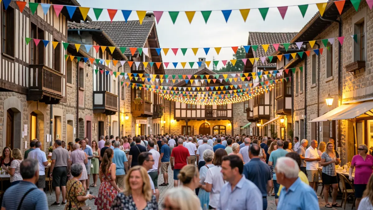 Generic image of a festive village square, with blurred lights and banners.